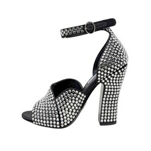 Prada Black Crystal Sandals Block Heel‎ Ankle Strap Heels 37